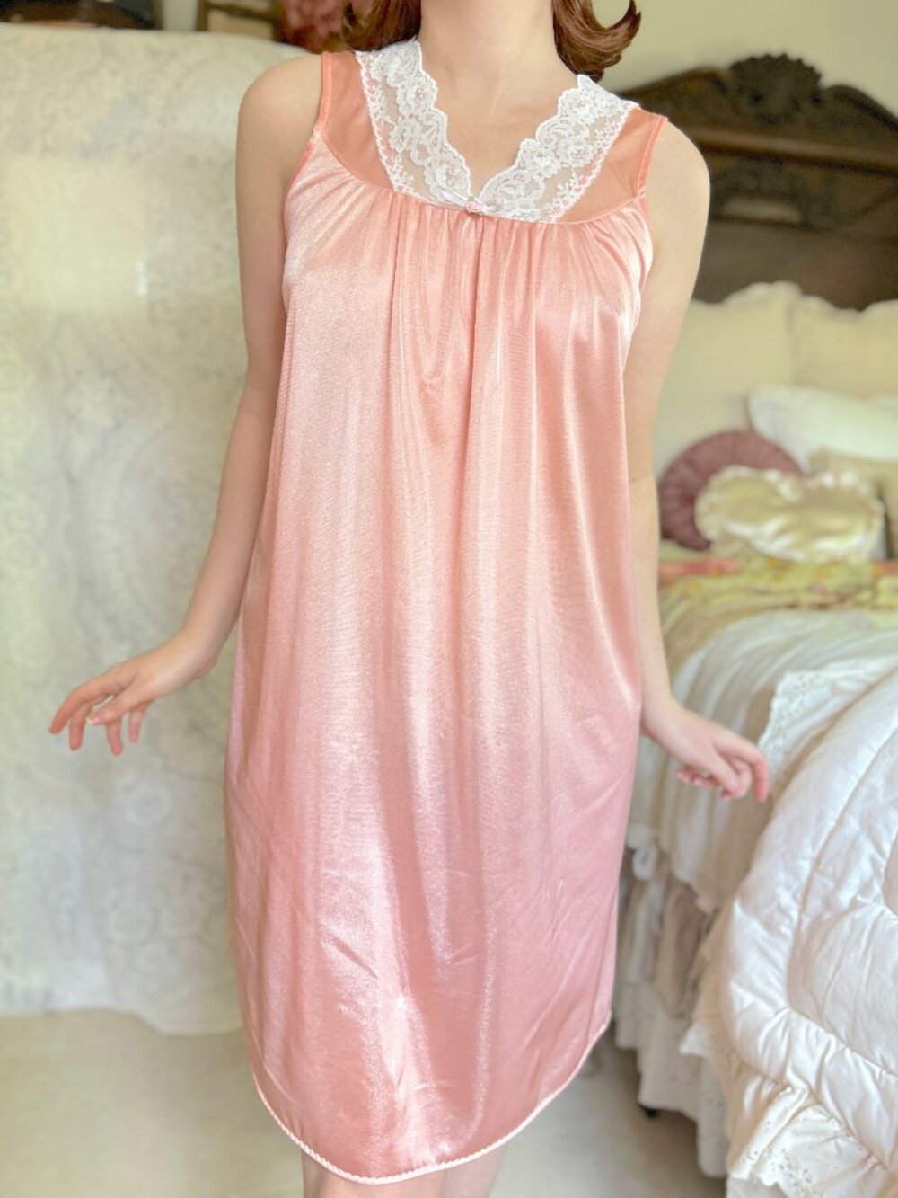 Vintage Peach Pink Babydoll Nightgown, White Lace Ruffles, Rosette Bow, Lingerie